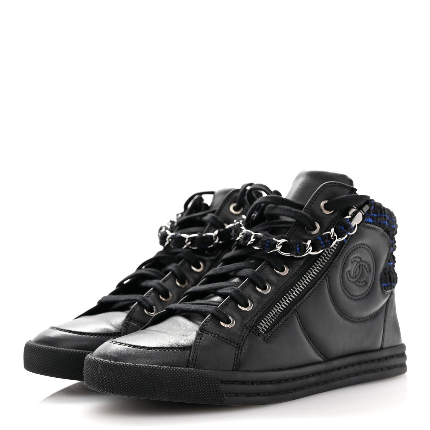 Lambskin Tweed Zipped Sneakers 36 Black Blue