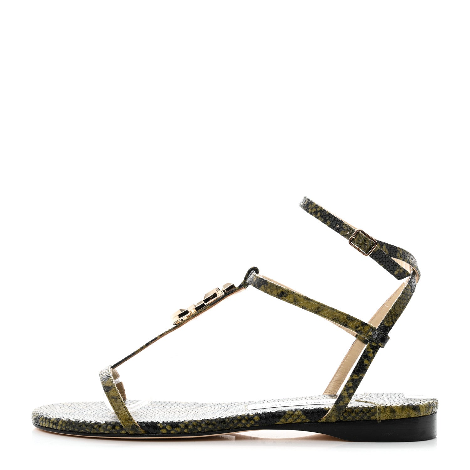 Jimmy Choo Calfskin Snakeskin Embossed Alodie Flat Sandals 38.5 Dark Olive 1 of 8