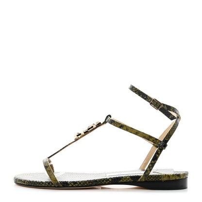 Jimmy Choo Calfskin Snakeskin Embossed Alodie Flat Sandals 38.5 Dark Olive 1 of 8