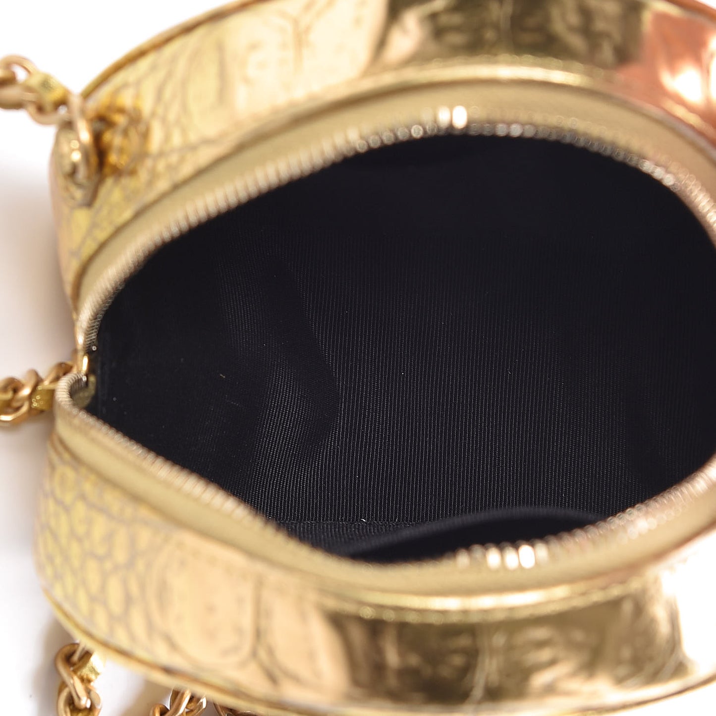 Metallic Calfskin Crocodile Embossed Cocodile Round Clutch with Chain Gold