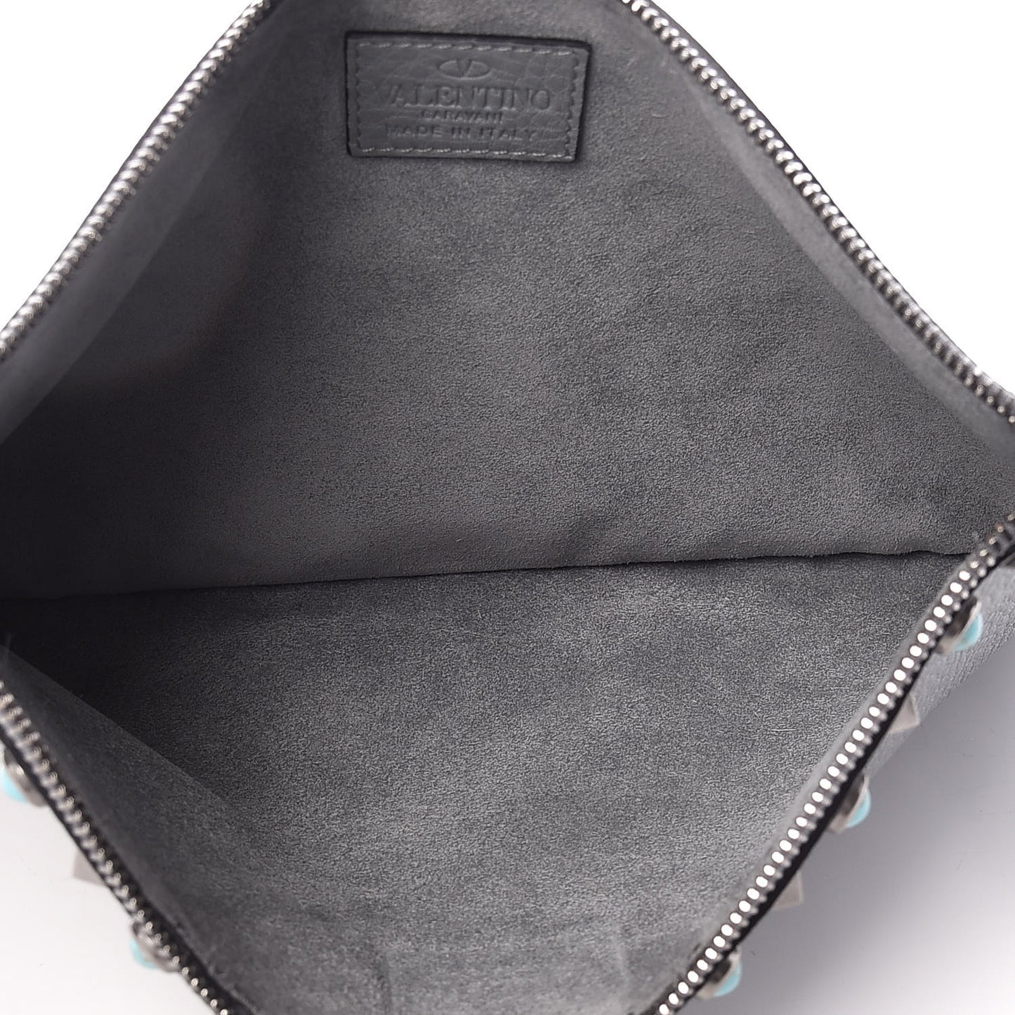 Grained Calfskin Turquoise Large Rockstud Rolling Zip Pouch Light Stone