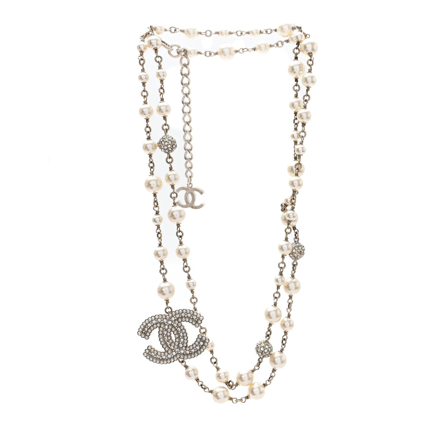 Chanel Graduated Pearl Crystal CC Long Necklace Gold Pearly White 3 of 6