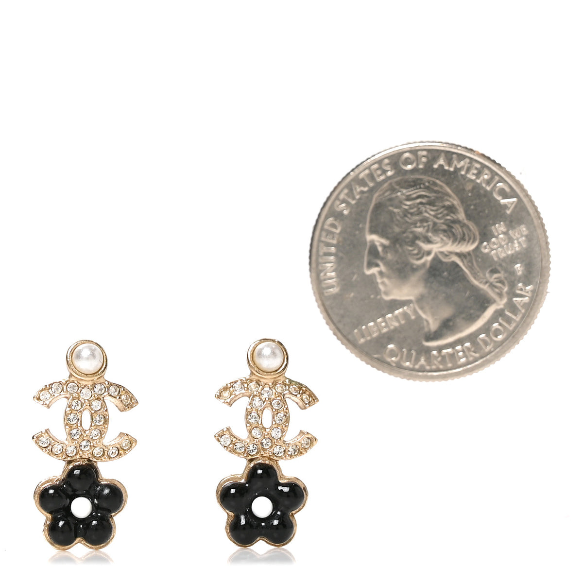 Chanel Crystal Pearl CC Flower Earrings Black Gold 2 of 5