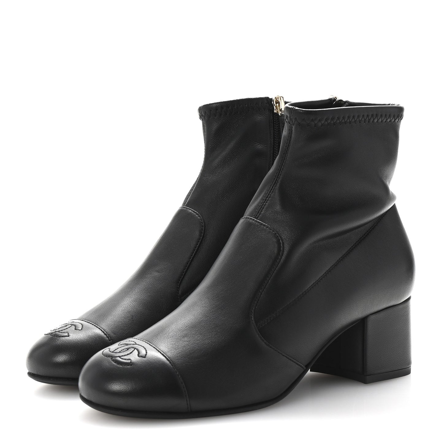 Stretch Lambskin Cap Toe CC Short Boots 37.5 Black