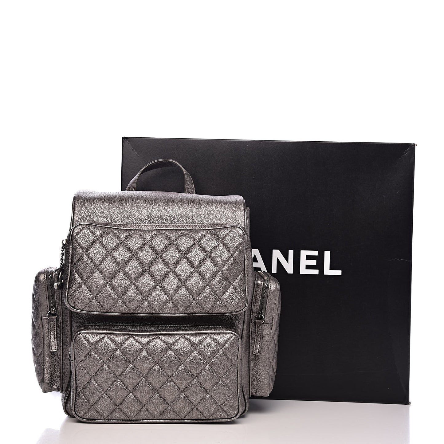 Metallic Grained Calfskin Quilted Large Casual Rock Backpack Charcoal