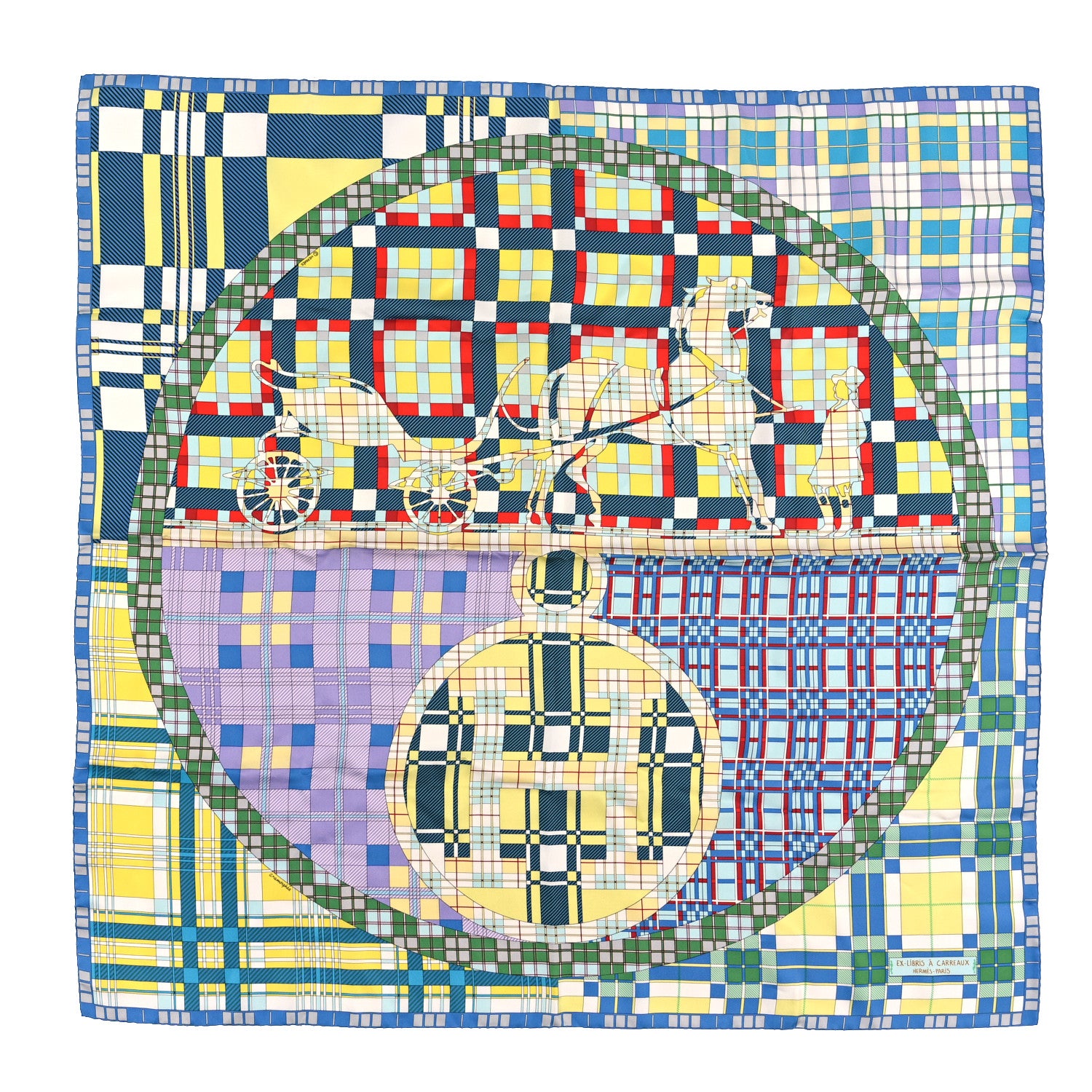 Hermes Silk Ex-Libris A Carreaux 90 Jaune Ciel Mauve 1 of 3