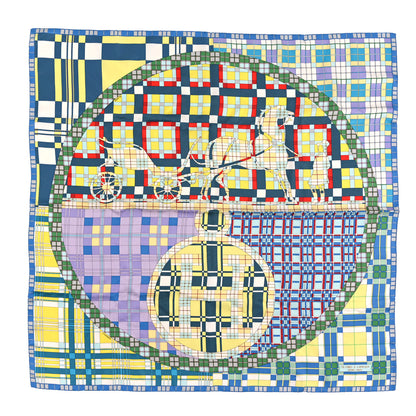 Hermes Silk Ex-Libris A Carreaux 90 Jaune Ciel Mauve 1 of 3