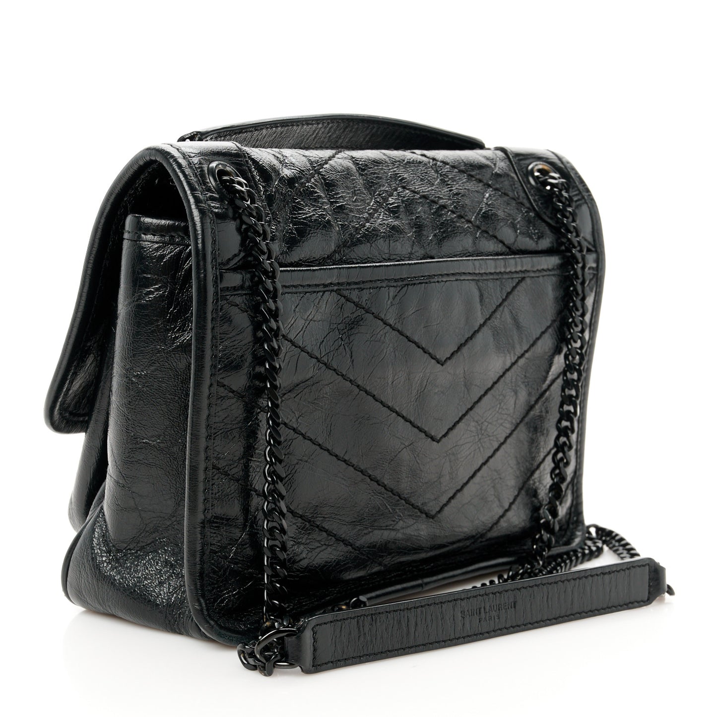 Crinkled Calfskin Matelasse Monogram Baby Niki Chain Satchel Black