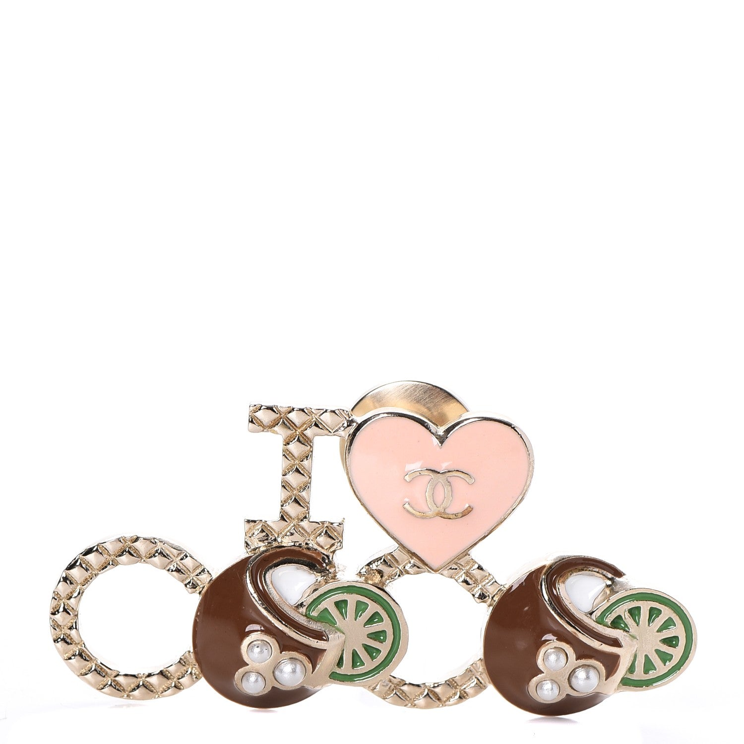 Chanel Metal Resin Pearl I Love Coco Brooch Gold Brown Pink 1 of 6