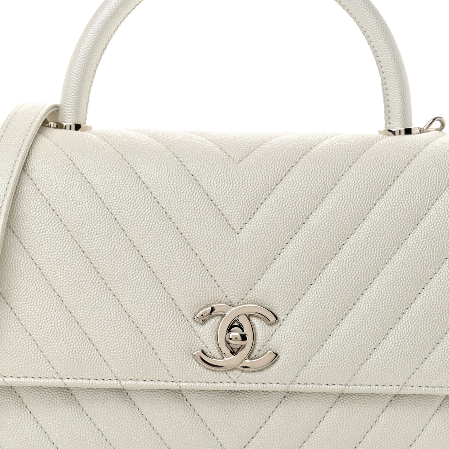 Iridescent Caviar Chevron Quilted Small Coco Handle Flap White