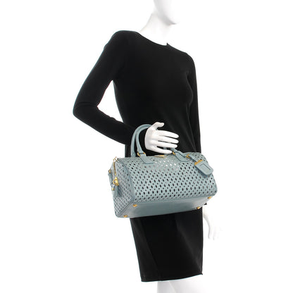 Prada Saffiano Vernice Perforated Satchel Lago 3 of 10