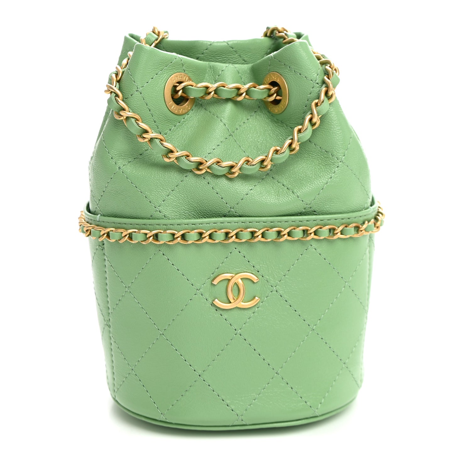 Shiny Lambskin Quilted Chain Around Drawstring Bucket Clutch With Chain Green