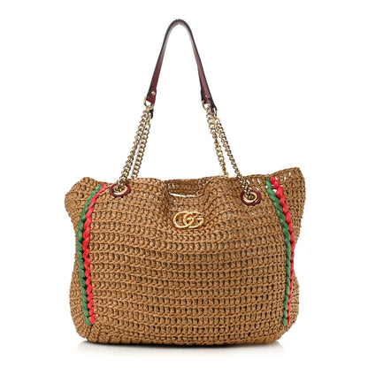 Gucci Raffia Effect Large GG Marmont Shoulder Tote Bag Natural Red Green 1 of 10
