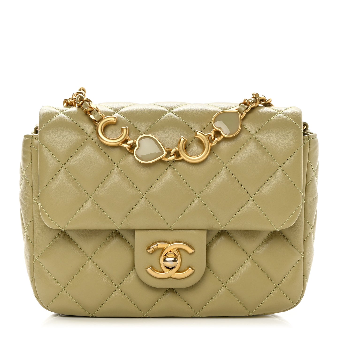 Lambskin Enamel Quilted Mini Coco Hearts Square Flap Light Green