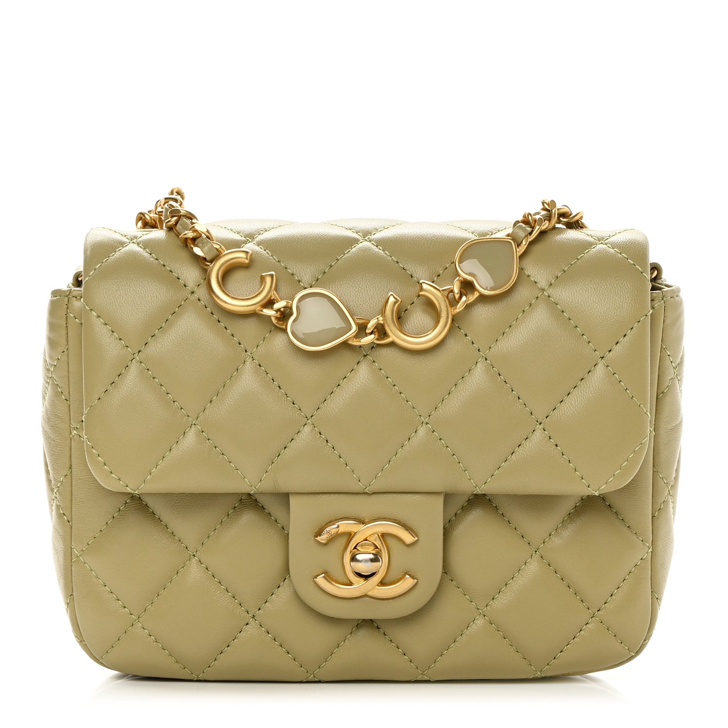 Chanel Lambskin Enamel Quilted Mini Coco Hearts Square Flap Light Green 1 of 13
