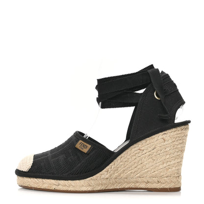 Fendi Canvas FF Embroidered Roma Ankle Wrap Espadrille Wedges 38 Black 1 of 8