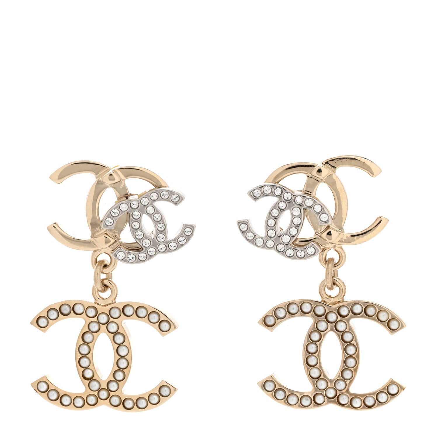 Chanel Crystal Pearl Double CC Drop Earrings Gold Silver 1 of 5
