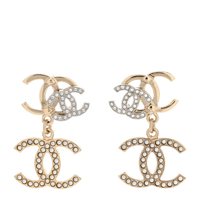 Chanel Crystal Pearl Double CC Drop Earrings Gold Silver 1 of 5