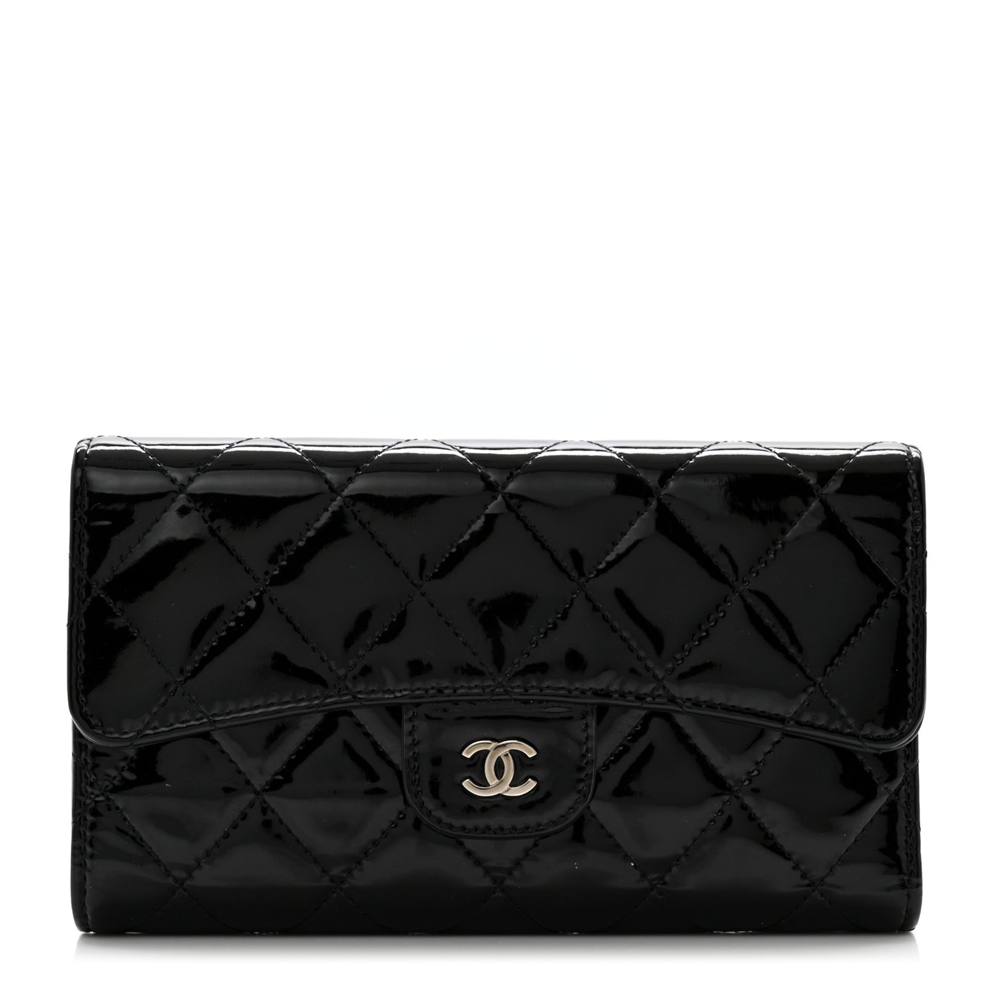 Patent Quilted Large Flap Wallet Black