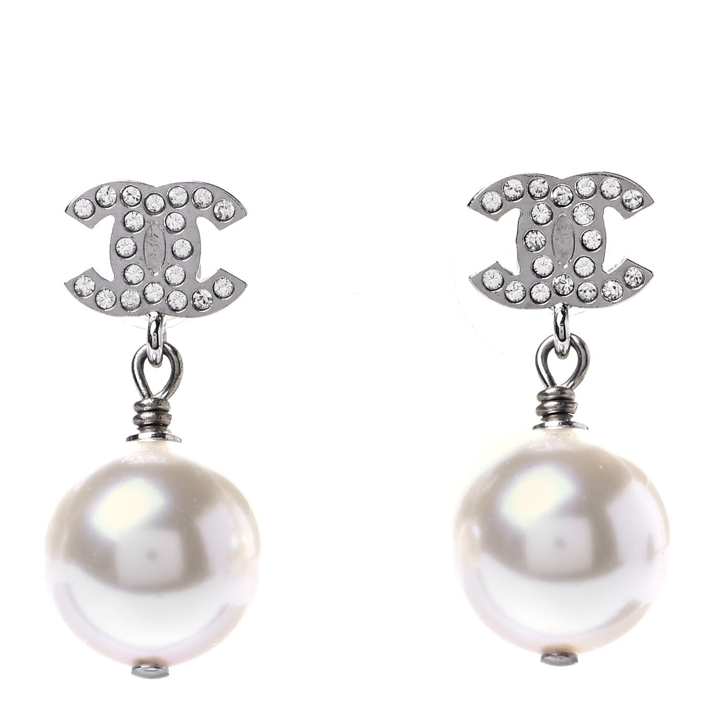 Crystal Pearl CC Drop Earrings Silver
