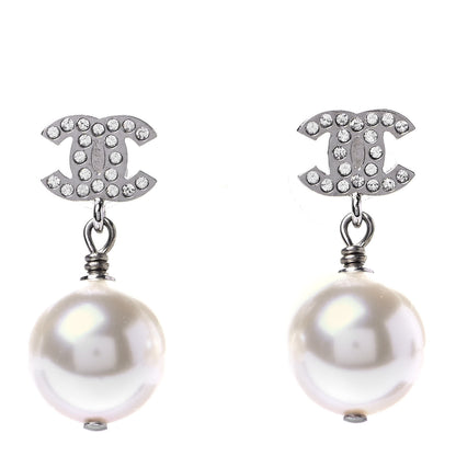 Chanel Crystal Pearl CC Drop Earrings Silver 1 of 4