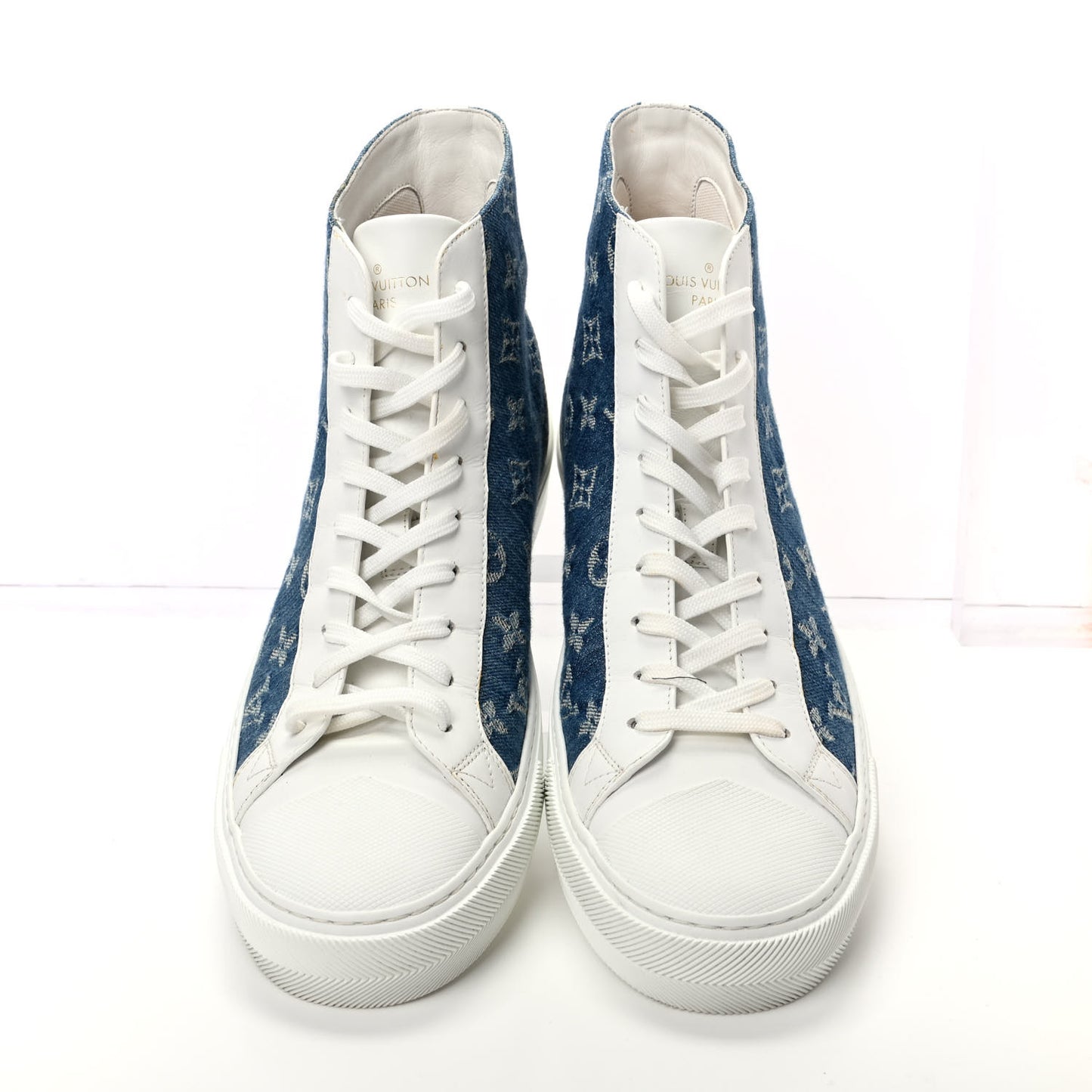 Calfskin Denim Monogram Mens Tattoo Sneaker Boots 9 White Blue