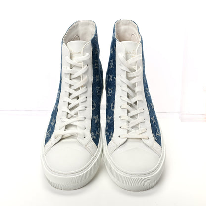 Louis Vuitton Calfskin Denim Monogram Mens Tattoo Sneaker Boots 9 White Blue 5 of 10