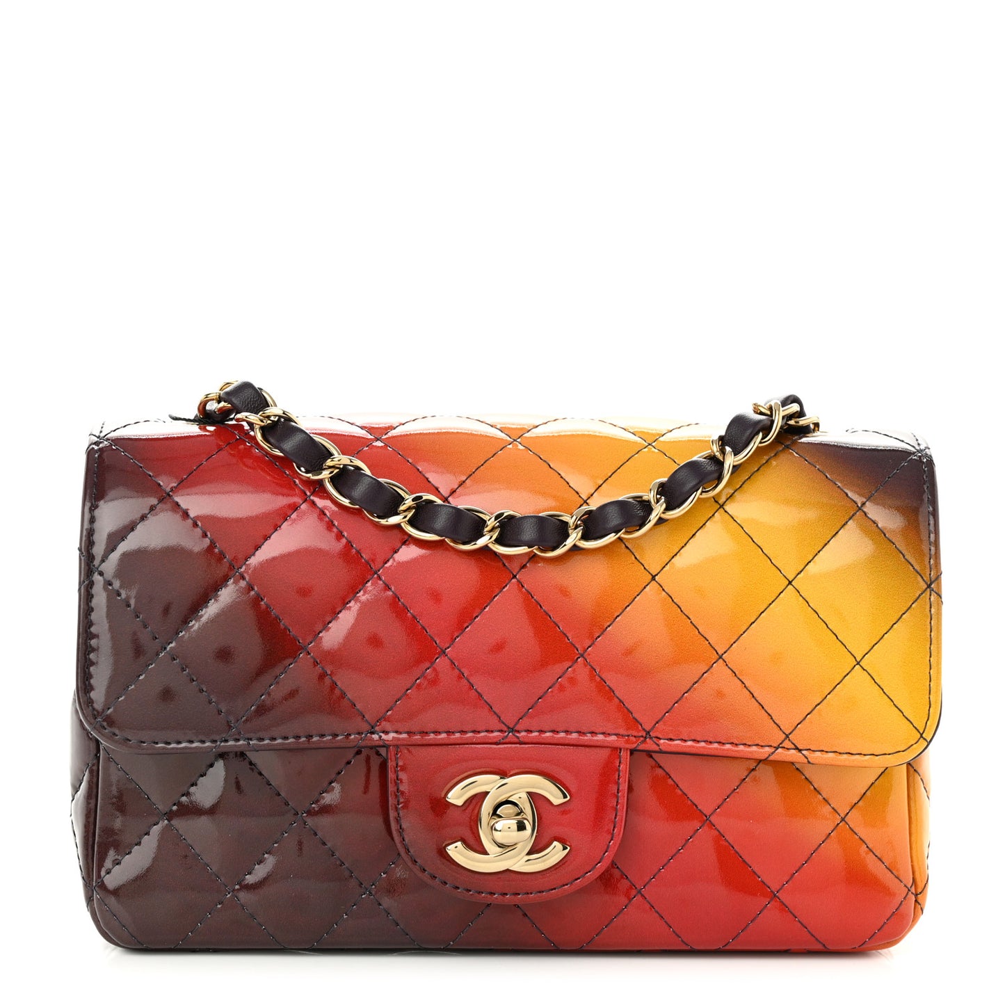 Shaded Patent Calfskin Quilted Mini Rectangular Flap Red Yellow Dark Purple