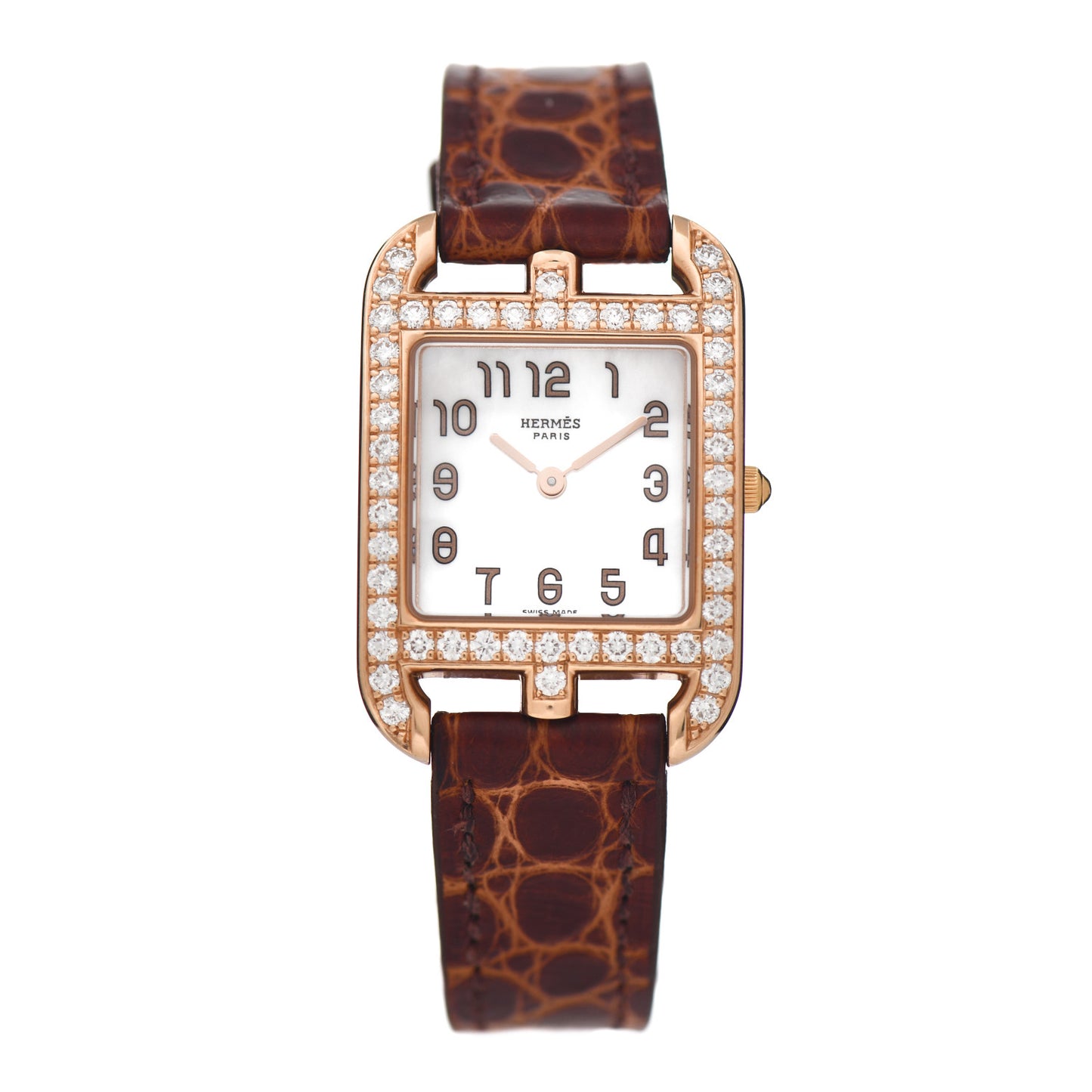 18K Yellow Gold Alligator Diamond Bezel Mother of Pearl 23mm Cape Cod Quartz Watch Brown