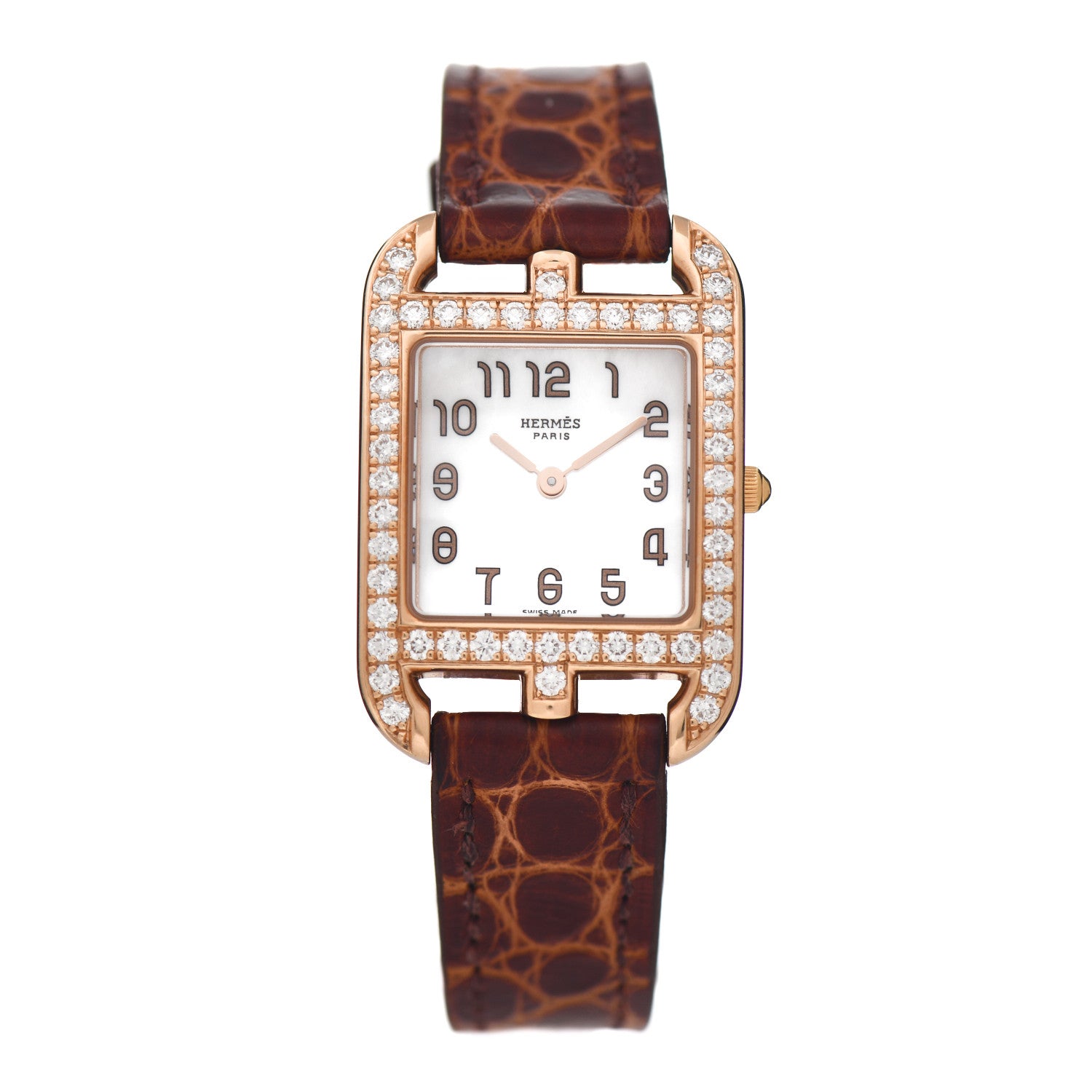 Hermes 18K Yellow Gold Alligator Diamond Bezel Mother of Pearl 23mm Cape Cod Quartz Watch Brown 1 of 4