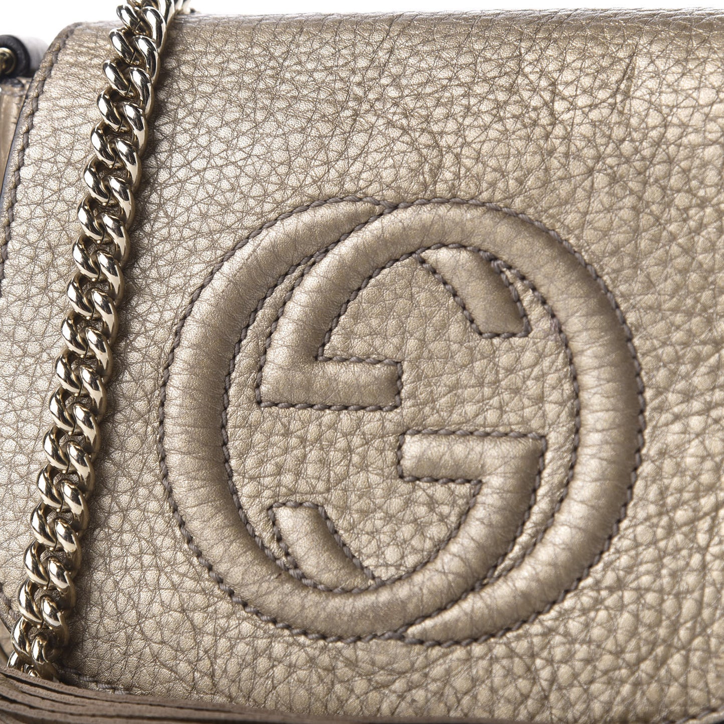 Metallic Pebbled Calfskin Small Soho Flap Crossbody Golden Beige