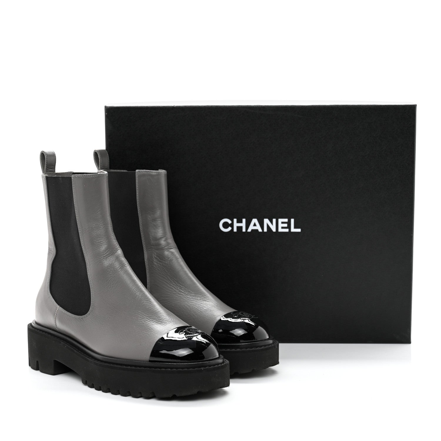 Chanel Crumpled Calfskin Patent Cap Toe Short Boots 38.5 Dark grey Black 9 of 9