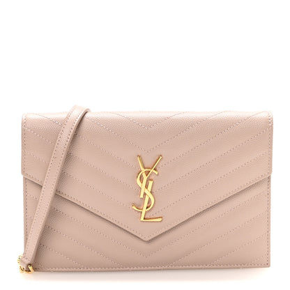 Saint Laurent Grain De Poudre Matelasse Chevron Monogram Envelope Chain Wallet Rose Antic 1 of 11