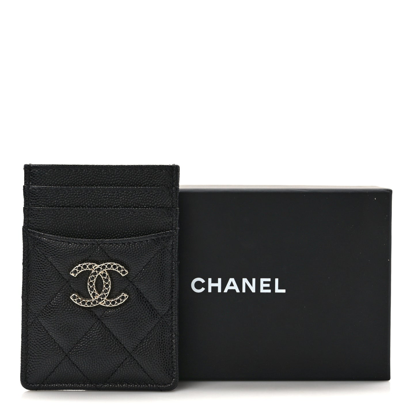 Caviar Quilted Crystal Vertical Card Holder Black