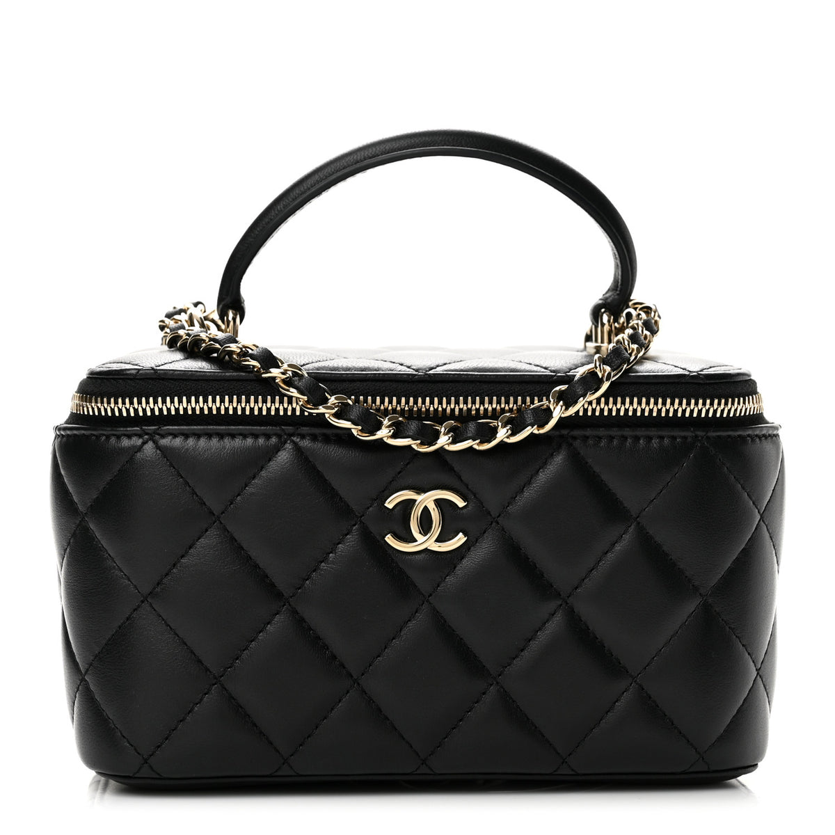 Lambskin Quilted Small Top Handle Vanity Case With Chain Black