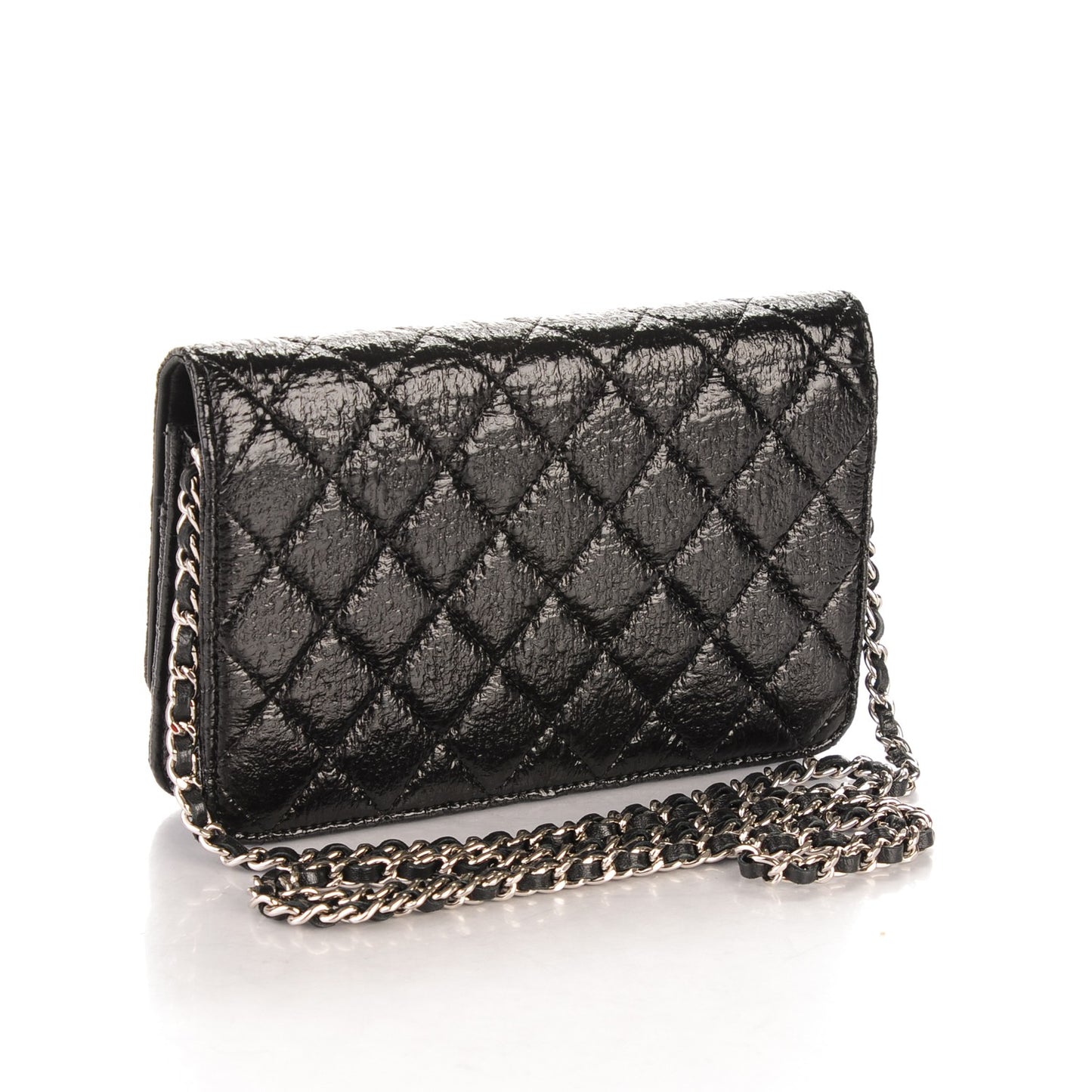 Distressed Patent Calfskin Quilted Wallet on Chain WOC Black