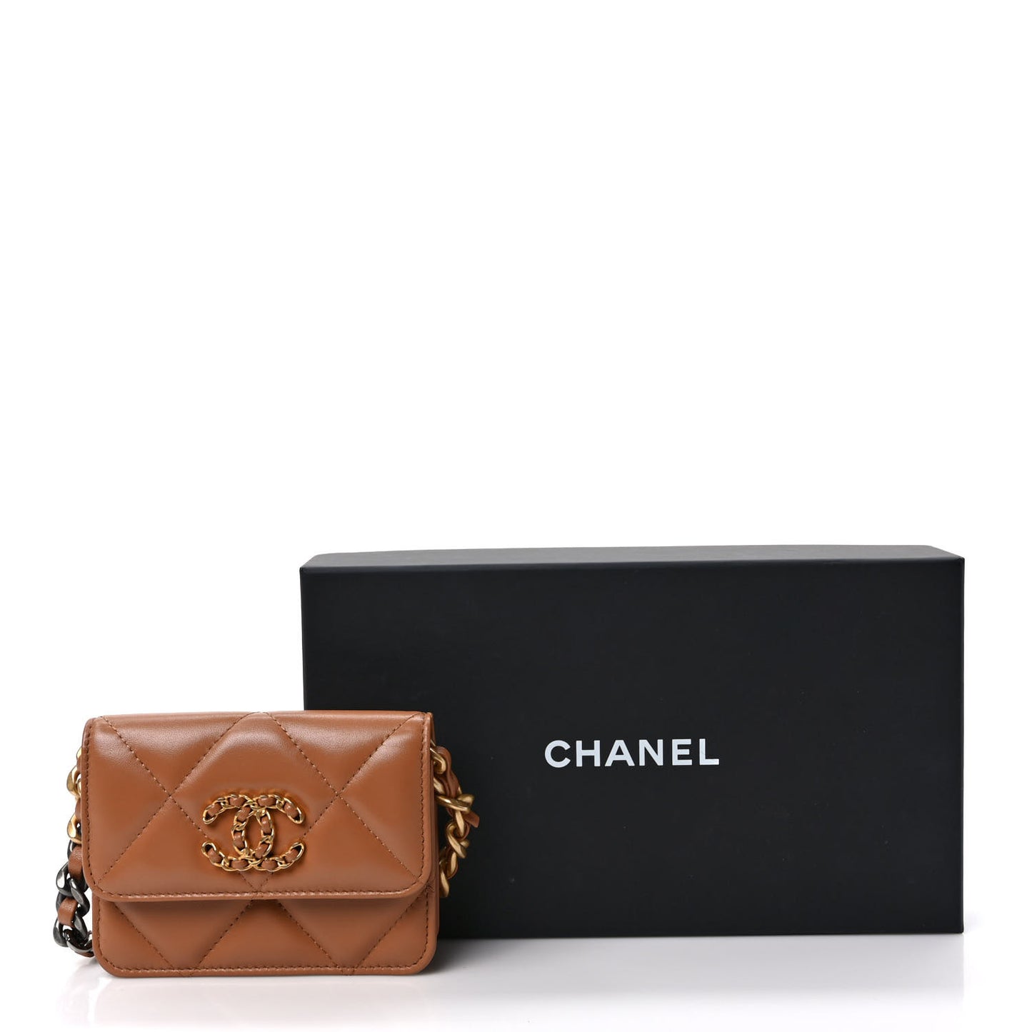 Lambskin Quilted Chanel 19 Flap Belt Bag Brown