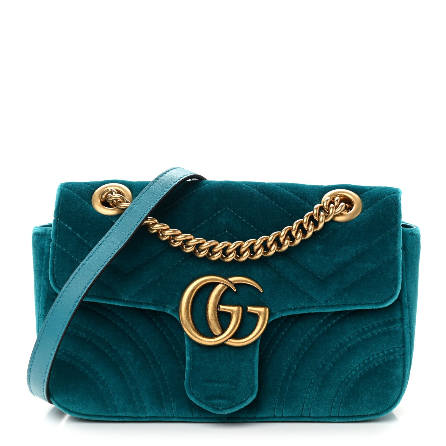 Gucci Velvet Matelasse Mini GG Marmont Shoulder Bag Pavone Cyan 1 of 10