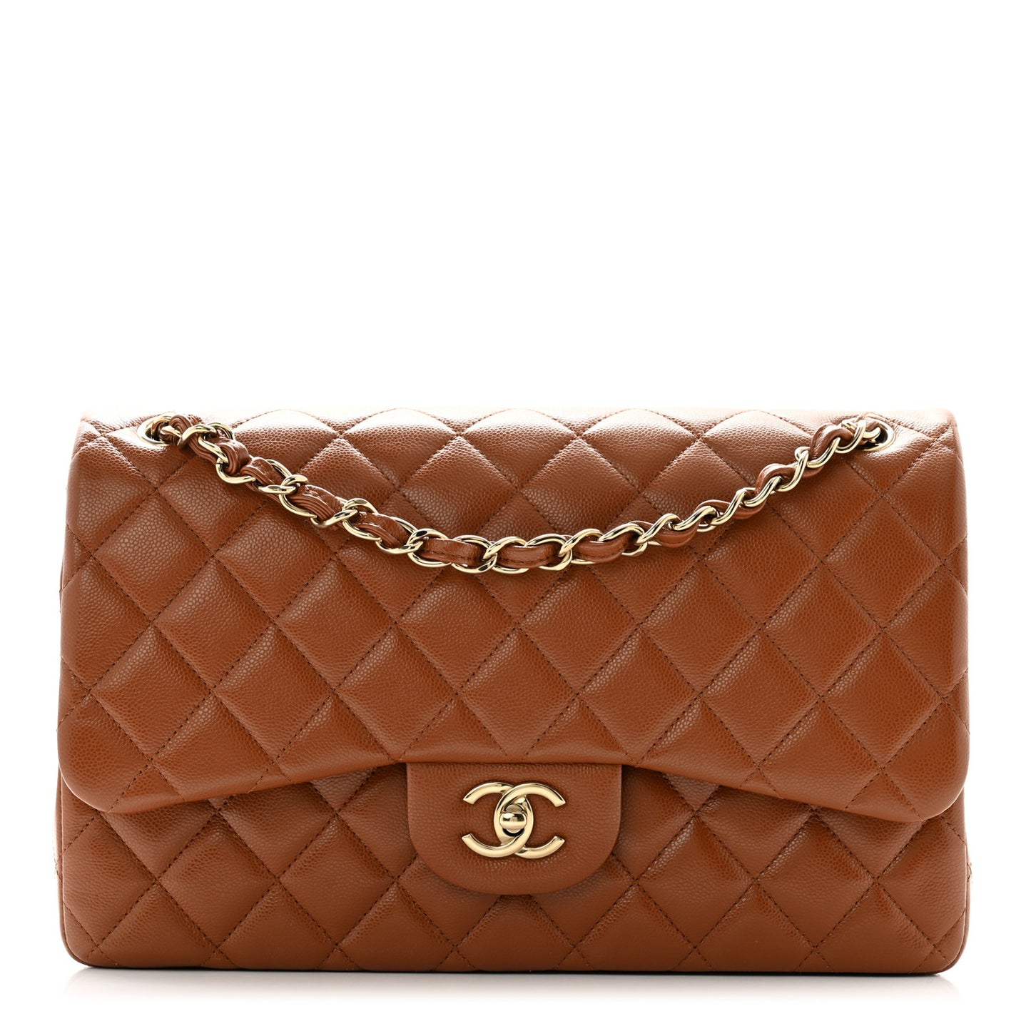 Caviar Quilted Jumbo Double Flap Light Brown