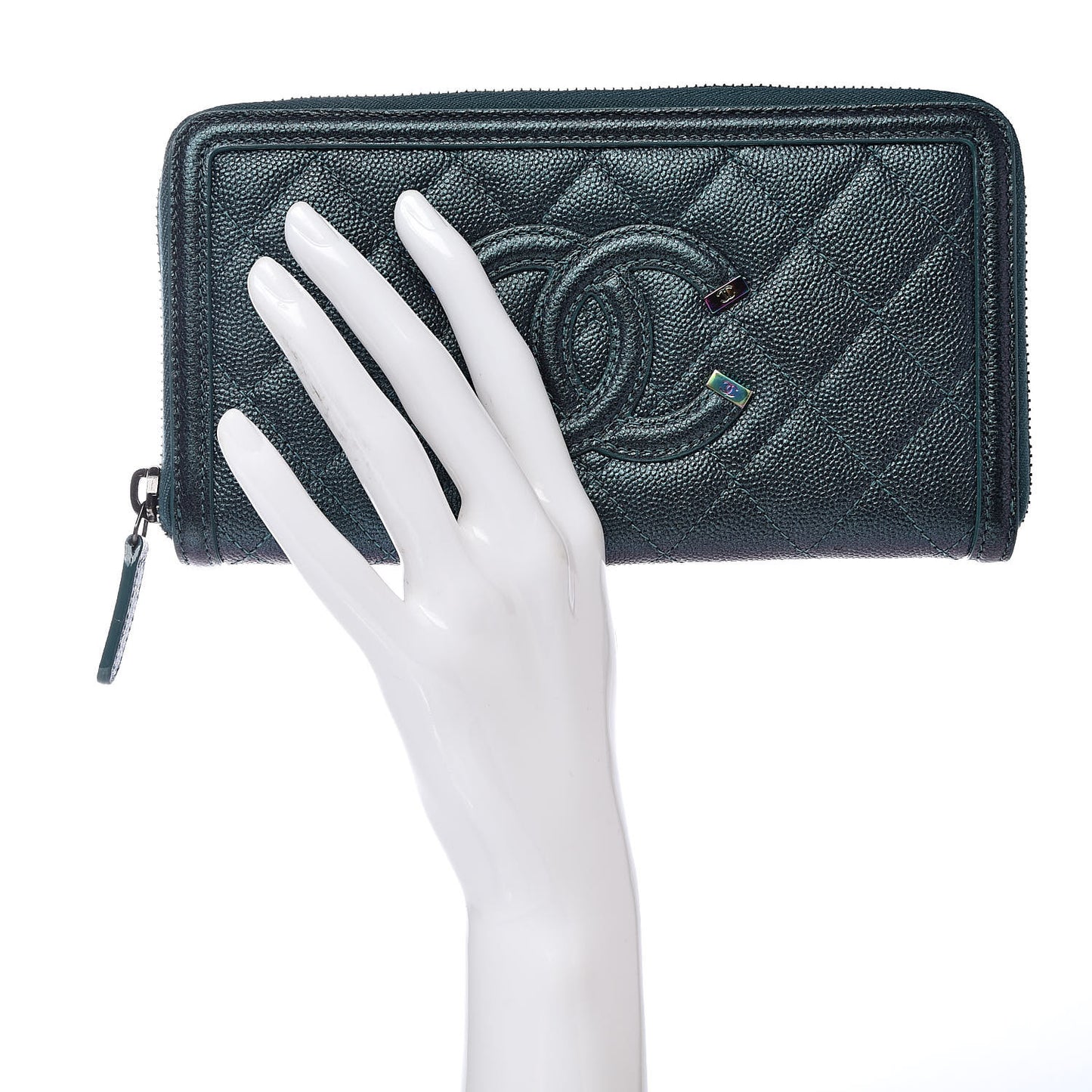 Iridescent Caviar Quilted Large Filigree Zip Around Wallet Dark Turquoise