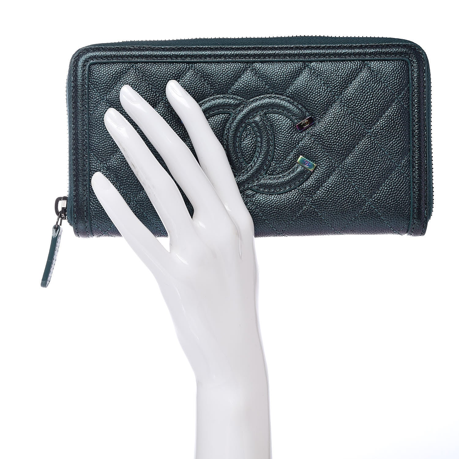 Chanel Iridescent Caviar Quilted Large Filigree Zip Around Wallet Dark Turquoise 2 of 9