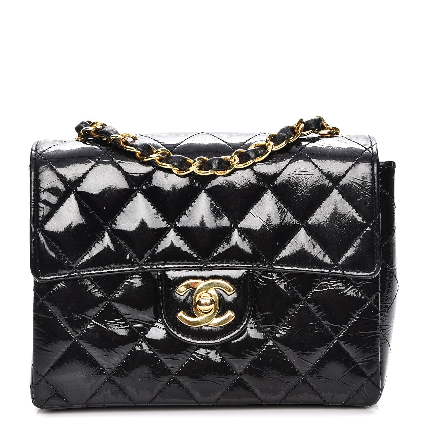 Patent Calfskin Quilted Mini Square Flap Black