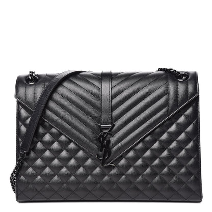Saint Laurent Grain De Poudre Textured Mixed Matelasse Large Triquilt Monogram Monochrome Satchel Black 1 of 12
