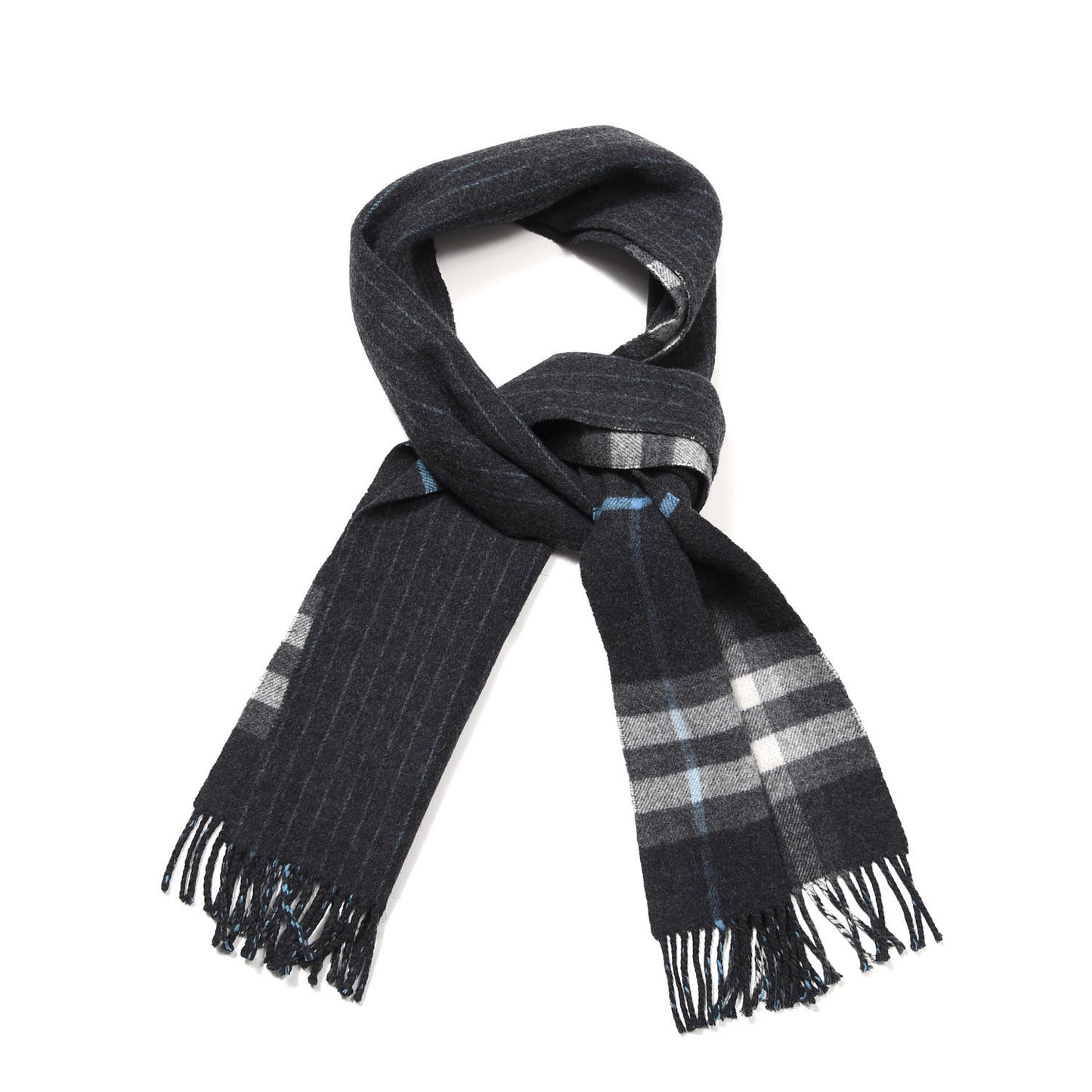 Wool Cashmere House Check Striped Fringe Scarf Grey