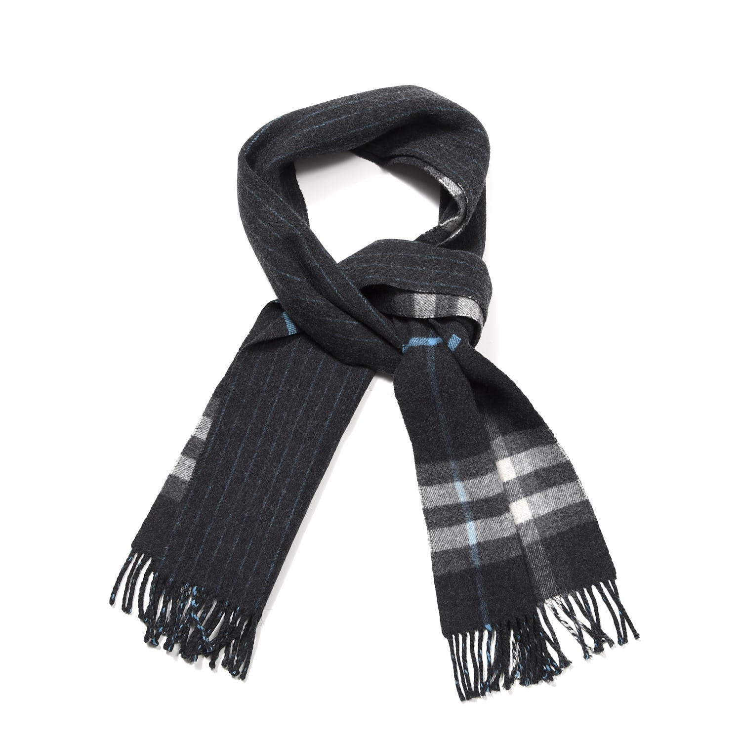 Burberry Wool Cashmere House Check Striped Fringe Scarf Grey 1 of 3