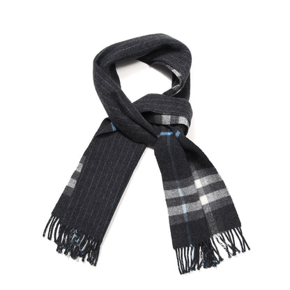 Burberry Wool Cashmere House Check Striped Fringe Scarf Grey 1 of 3