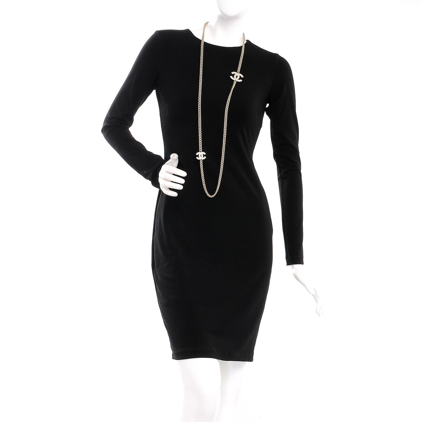 Quilted CC Long Chain Necklace Gold Pearly White