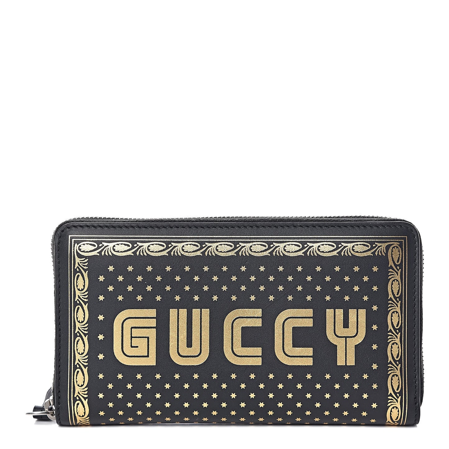 X SEGA Calfskin GUCCY Stars Zip Around Wallet Black Gold