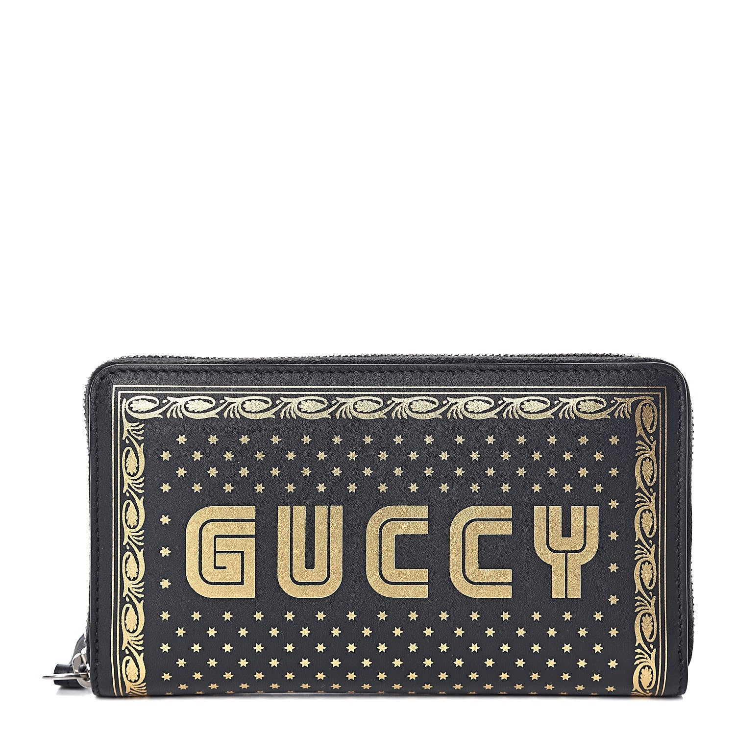 Gucci X SEGA Calfskin GUCCY Stars Zip Around Wallet Black Gold 1 of 8