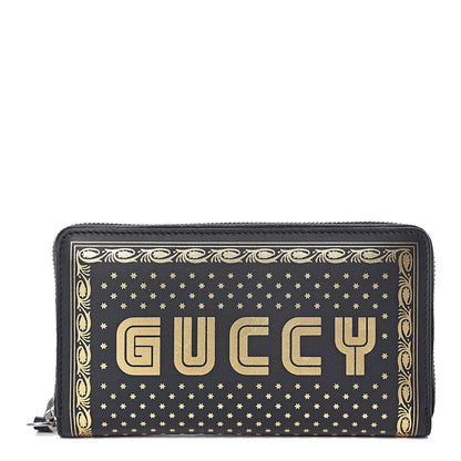 Gucci X SEGA Calfskin GUCCY Stars Zip Around Wallet Black Gold 1 of 8